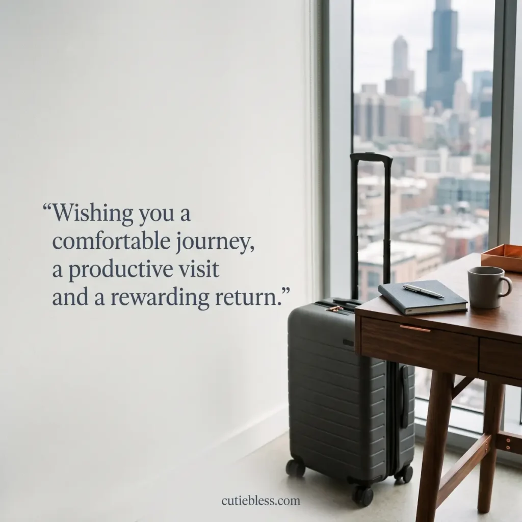 Carry-on suitcase beside a desk and city window with a wish for a comfortable journey and productive visit.