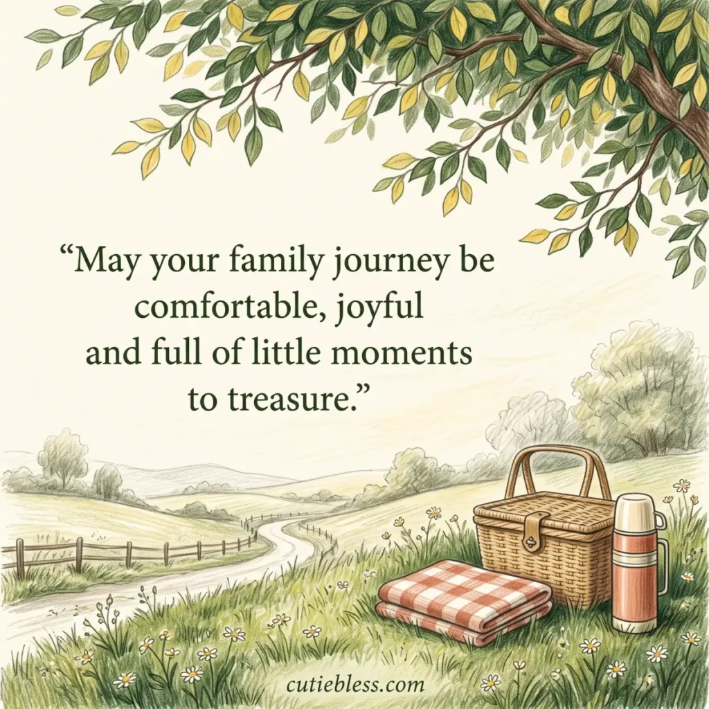 Picnic basket beneath a countryside tree with a wish for a comfortable family journey and moments to treasure.