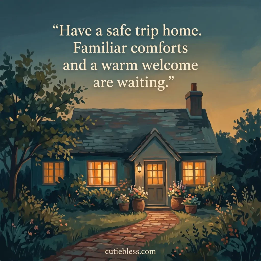 Welcoming cottage at dusk with the message “Have a safe trip home. Familiar comforts and a warm welcome are waiting.”