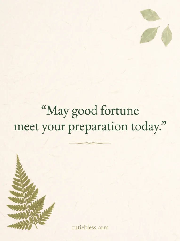Pressed fern on cream paper with the blessing, “May good fortune meet your preparation today.”