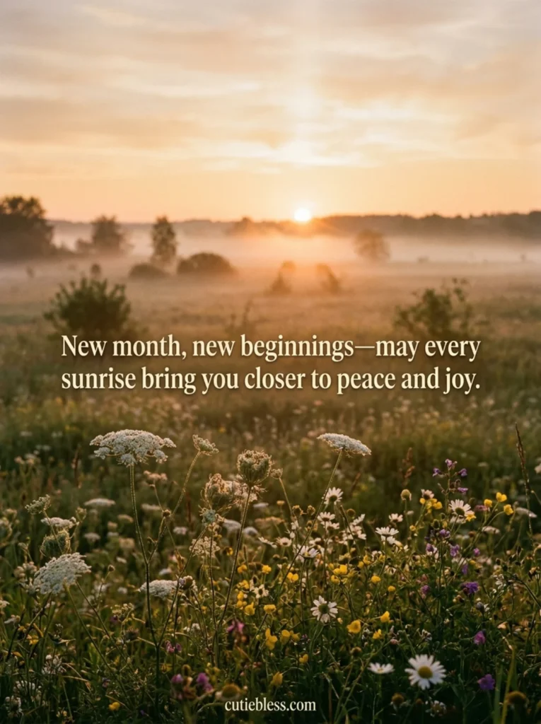Golden sunrise over a misty wildflower meadow with a short new month blessing about peace and joy