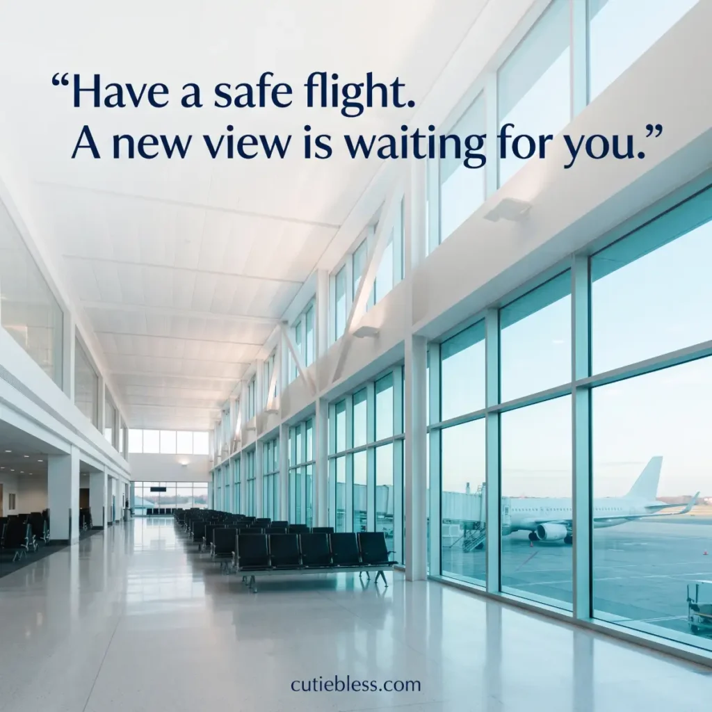 Empty airport departure lounge overlooking an airplane, reading “Have a safe flight. A new view is waiting for you.”