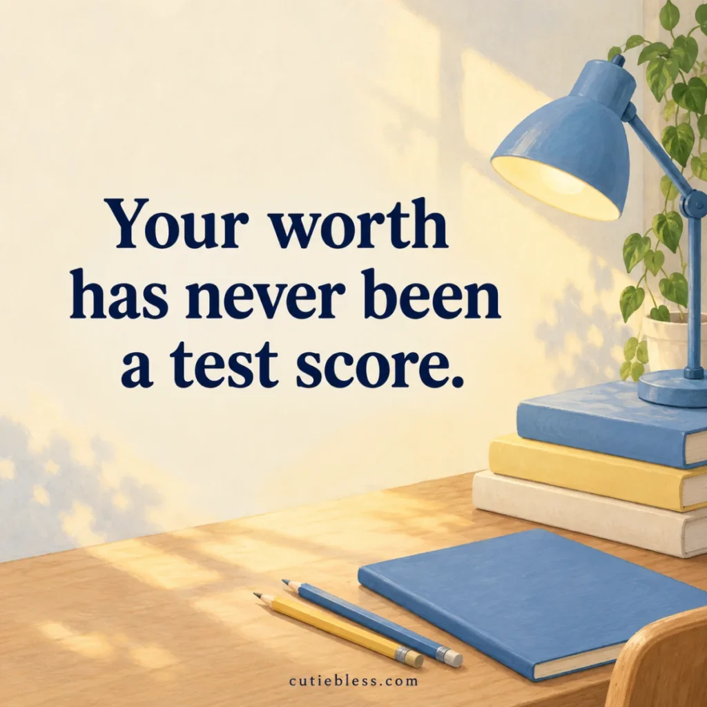 Study desk with books and the student reminder, “Your worth has never been a test score.”
