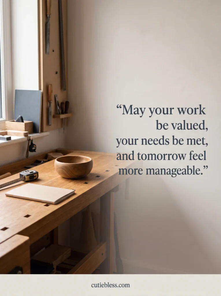 Tidy wooden workbench with a blessing for valued work and a more manageable tomorrow.