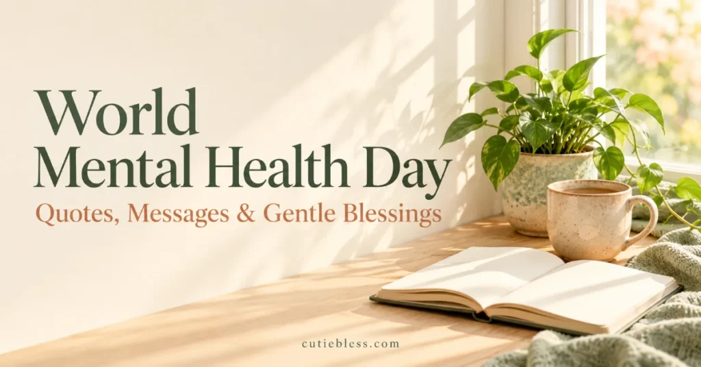World Mental Health Day quotes, messages and gentle blessings beside a sunlit plant, cup and notebook.